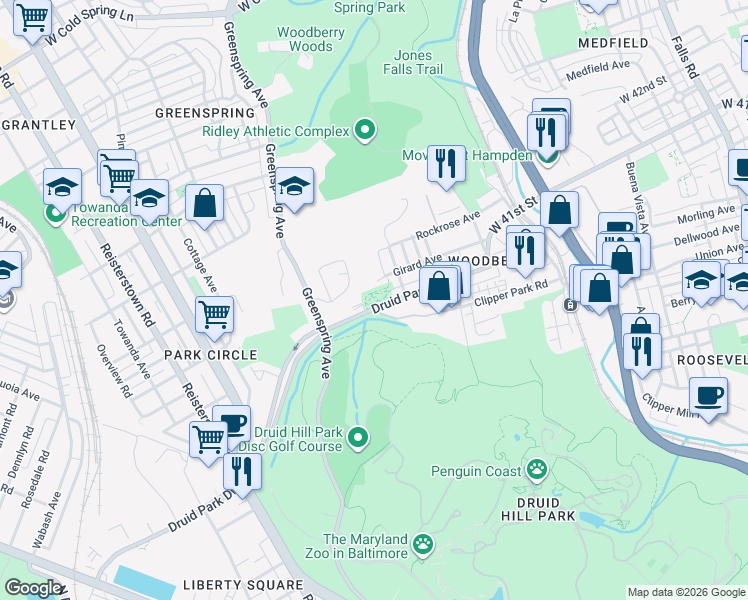 map of restaurants, bars, coffee shops, grocery stores, and more near 2200 Druid Park Drive in Baltimore