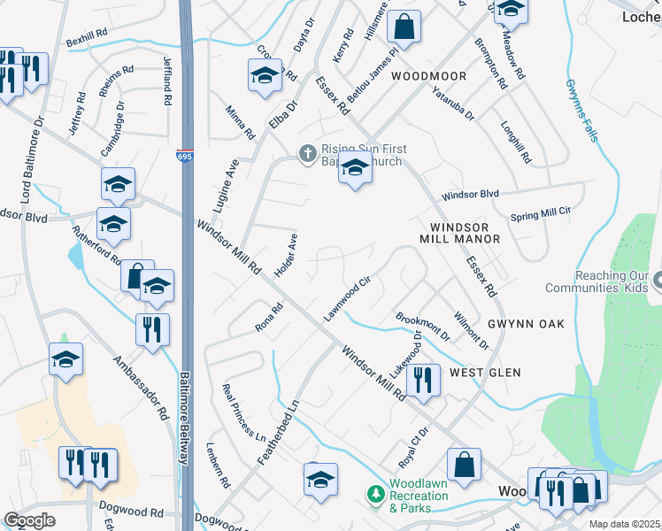 map of restaurants, bars, coffee shops, grocery stores, and more near 6814 Sauter Lane in Baltimore