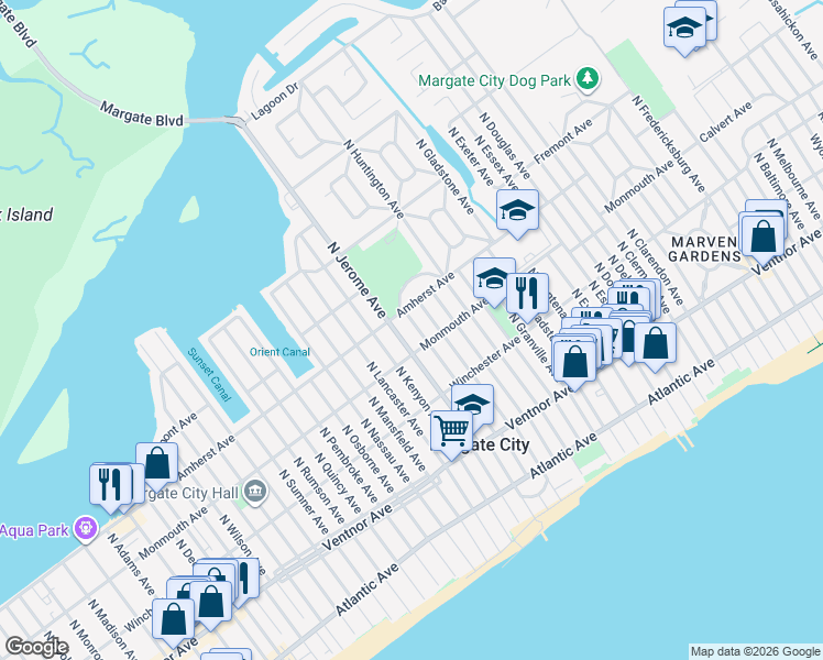 map of restaurants, bars, coffee shops, grocery stores, and more near 211 North Jerome Avenue in Margate City