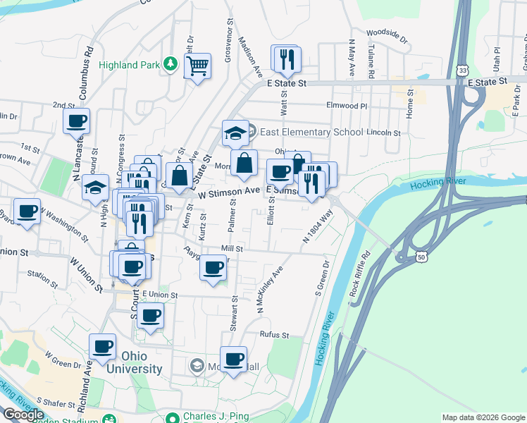 map of restaurants, bars, coffee shops, grocery stores, and more near 456 Elliott Street in Athens