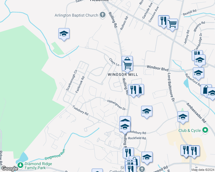 map of restaurants, bars, coffee shops, grocery stores, and more near 2712 Gresham Way in Milford Mill