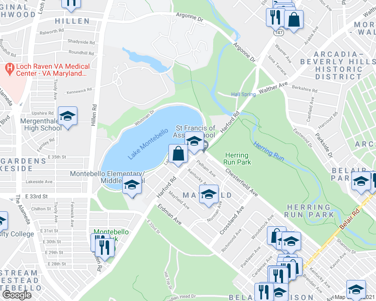 map of restaurants, bars, coffee shops, grocery stores, and more near 3601 Lake Montebello Drive in Baltimore