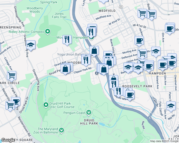 map of restaurants, bars, coffee shops, grocery stores, and more near 2007 Clipper Park Road in Baltimore