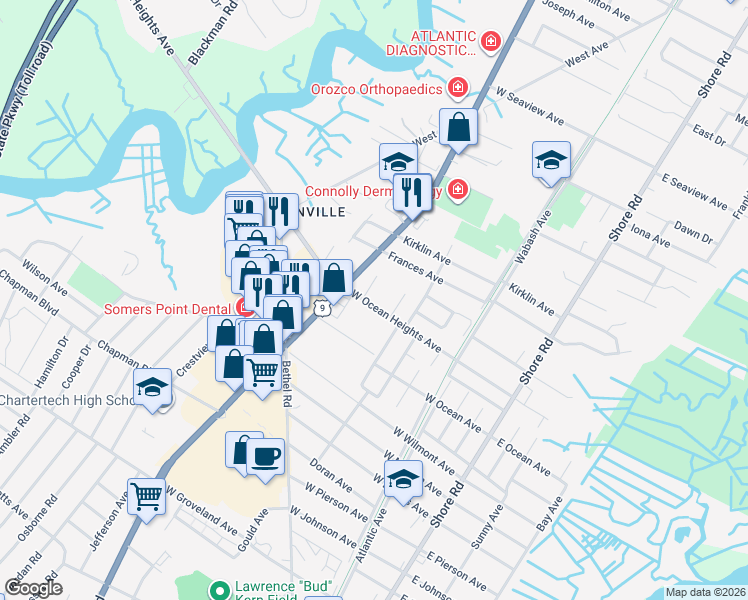 map of restaurants, bars, coffee shops, grocery stores, and more near 412 West Ocean Heights Avenue in Linwood