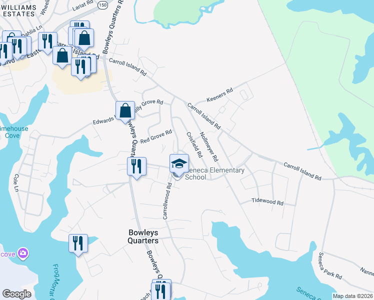 map of restaurants, bars, coffee shops, grocery stores, and more near 3804 Bayville Road in Middle River