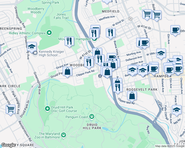 map of restaurants, bars, coffee shops, grocery stores, and more near 2007 Clipper Park Road in Baltimore