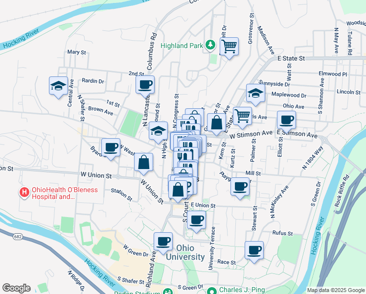 map of restaurants, bars, coffee shops, grocery stores, and more near 50 North Court Street in Athens