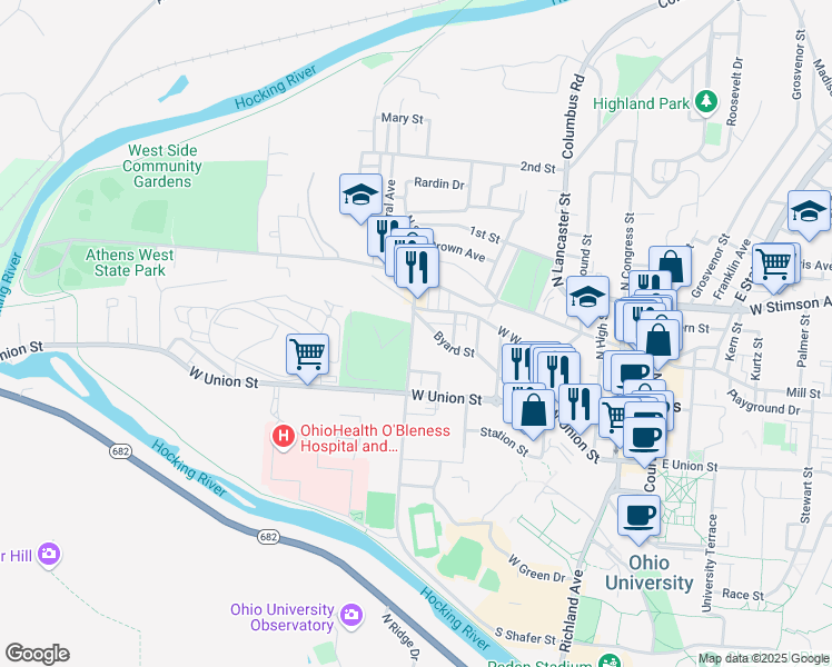 map of restaurants, bars, coffee shops, grocery stores, and more near 20 South Shafer Street in Athens