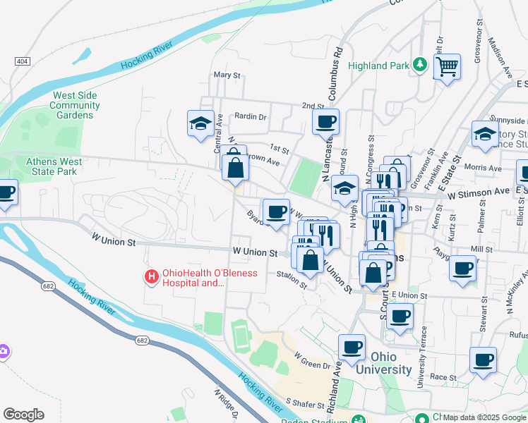 map of restaurants, bars, coffee shops, grocery stores, and more near 16 Maple Street in Athens