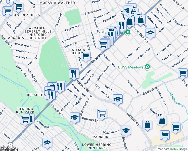 map of restaurants, bars, coffee shops, grocery stores, and more near 4629 Kavon Avenue in Baltimore