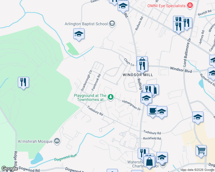 map of restaurants, bars, coffee shops, grocery stores, and more near 2457 Barnesley Place in Milford Mill