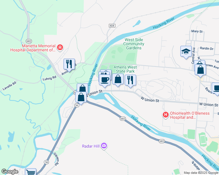 map of restaurants, bars, coffee shops, grocery stores, and more near 520 West Union Street in Athens