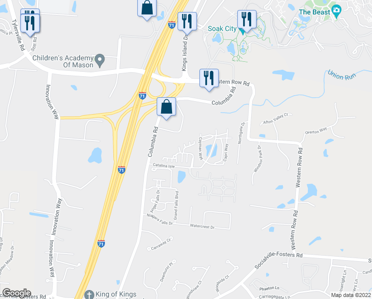 map of restaurants, bars, coffee shops, grocery stores, and more near 3306 Ravine Place in Maineville