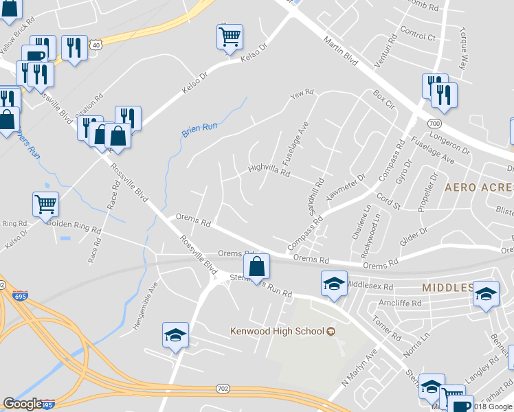 map of restaurants, bars, coffee shops, grocery stores, and more near 121 Old Maple Court in Essex