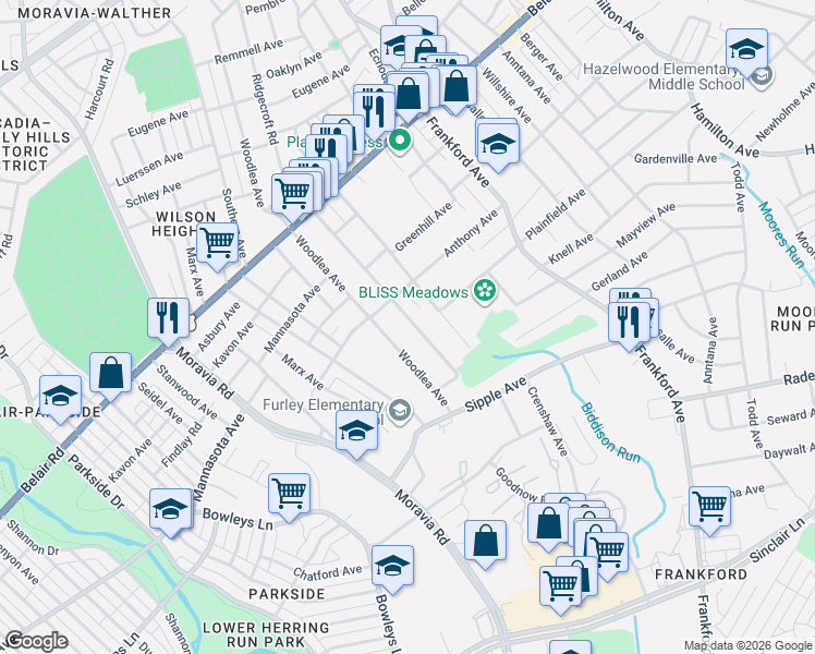map of restaurants, bars, coffee shops, grocery stores, and more near 4513 Valleyview Avenue in Baltimore