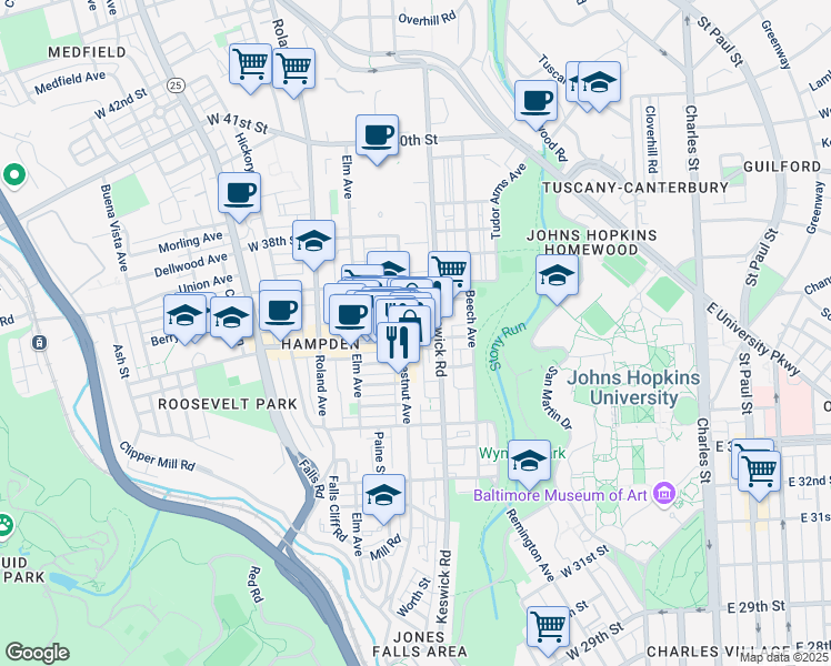 map of restaurants, bars, coffee shops, grocery stores, and more near 720 West 36th Street in Baltimore