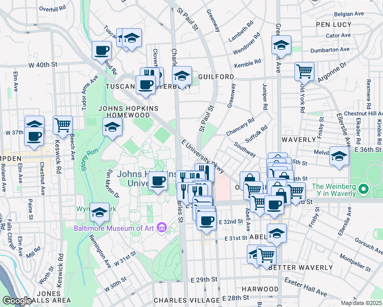 map of restaurants, bars, coffee shops, grocery stores, and more near 1 East University Parkway in Baltimore