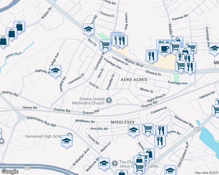 map of restaurants, bars, coffee shops, grocery stores, and more near 1101 Cord Street in Middle River
