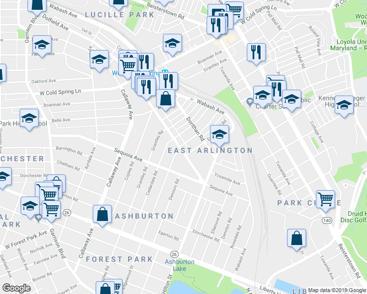 map of restaurants, bars, coffee shops, grocery stores, and more near 3338 Dolfield Avenue in Baltimore