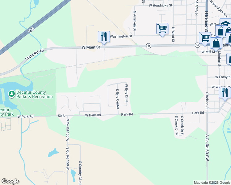 map of restaurants, bars, coffee shops, grocery stores, and more near 509 South Ryle Center in Greensburg