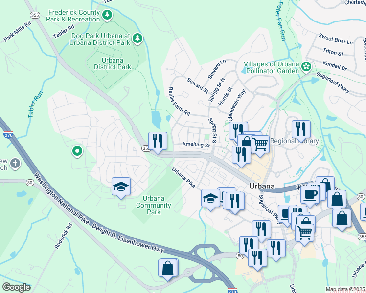 map of restaurants, bars, coffee shops, grocery stores, and more near 8905 Amelung Street in Frederick
