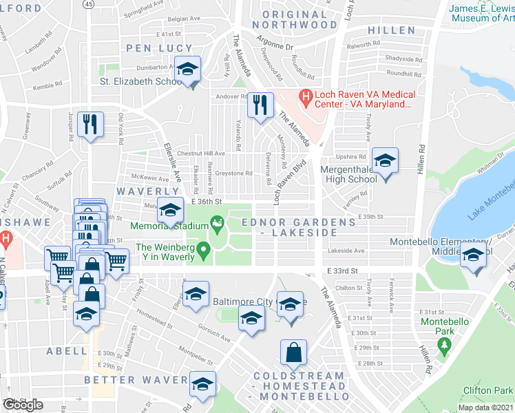 map of restaurants, bars, coffee shops, grocery stores, and more near 1201 E 36th St in Baltimore