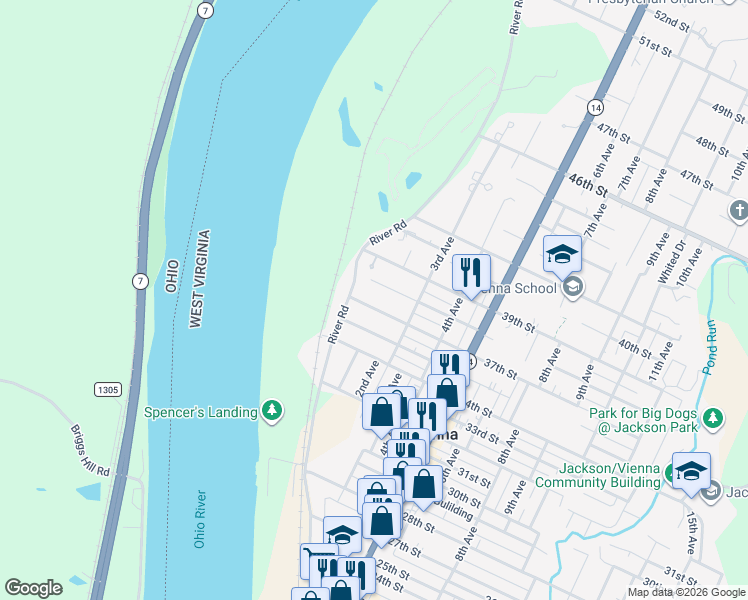 map of restaurants, bars, coffee shops, grocery stores, and more near 116 1/2 38th Street in Vienna