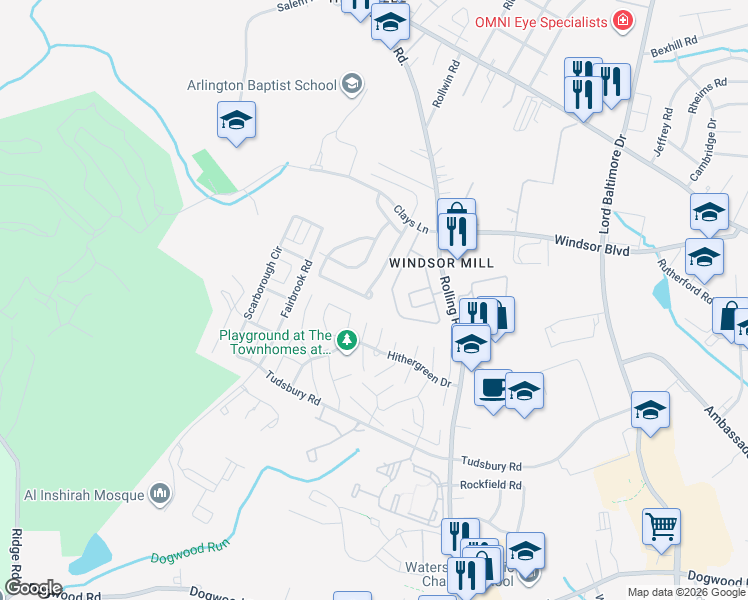 map of restaurants, bars, coffee shops, grocery stores, and more near 2767 Claybrooke Drive in Milford Mill