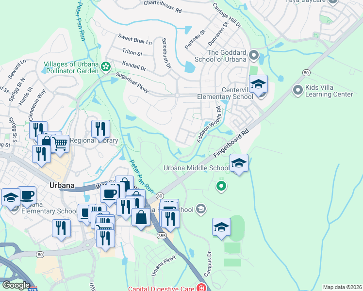 map of restaurants, bars, coffee shops, grocery stores, and more near 3621 Singleton Terrace in Frederick