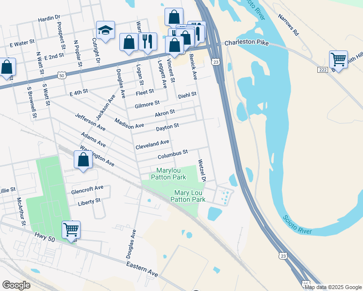 map of restaurants, bars, coffee shops, grocery stores, and more near 1049 Columbus Street in Chillicothe