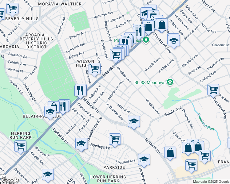 map of restaurants, bars, coffee shops, grocery stores, and more near 4400 Furley Avenue in Baltimore