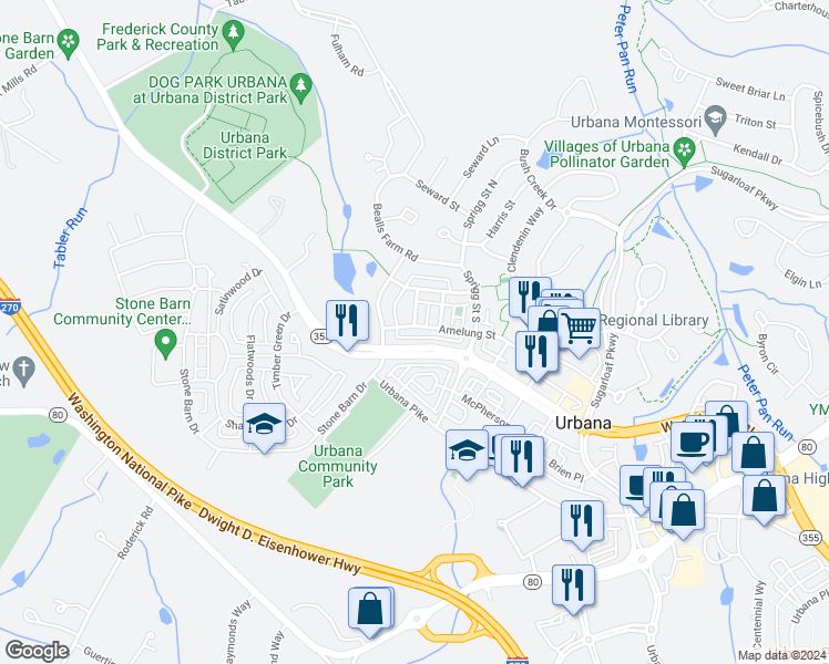 map of restaurants, bars, coffee shops, grocery stores, and more near 8913 Amelung Street in Frederick