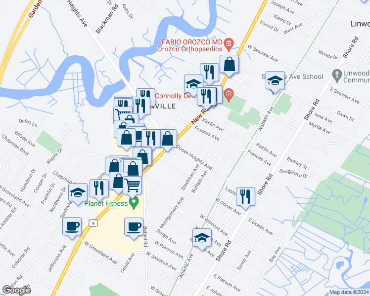 map of restaurants, bars, coffee shops, grocery stores, and more near 118 Garden Court in Linwood