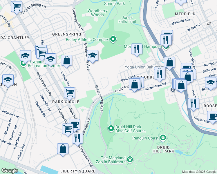 map of restaurants, bars, coffee shops, grocery stores, and more near 2273 Park Hill Avenue in Baltimore
