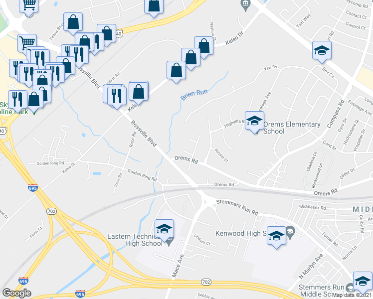 map of restaurants, bars, coffee shops, grocery stores, and more near 518 Spring Lane in Essex