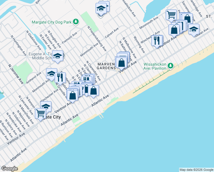 map of restaurants, bars, coffee shops, grocery stores, and more near 6 South Brunswick Avenue in Margate City