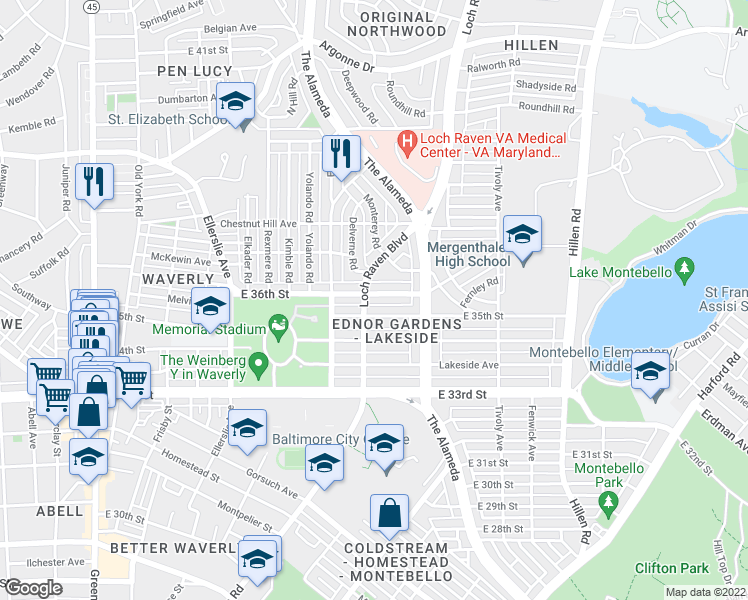 map of restaurants, bars, coffee shops, grocery stores, and more near 1303 East 36th Street in Baltimore