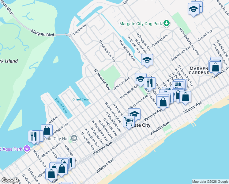 map of restaurants, bars, coffee shops, grocery stores, and more near 211 N Jerome Ave in Margate City