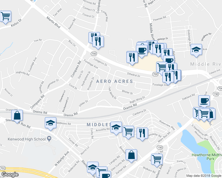 map of restaurants, bars, coffee shops, grocery stores, and more near 35 Left Wing Drive in Middle River