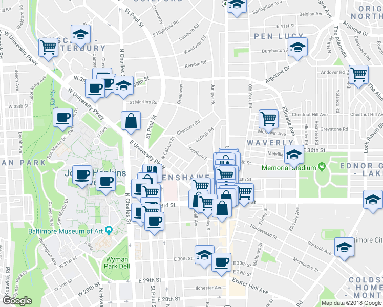 map of restaurants, bars, coffee shops, grocery stores, and more near 215 Southway in Baltimore
