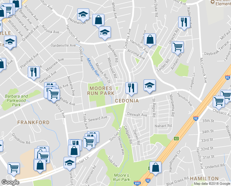 map of restaurants, bars, coffee shops, grocery stores, and more near 5429 Moores Run Dr in Baltimore