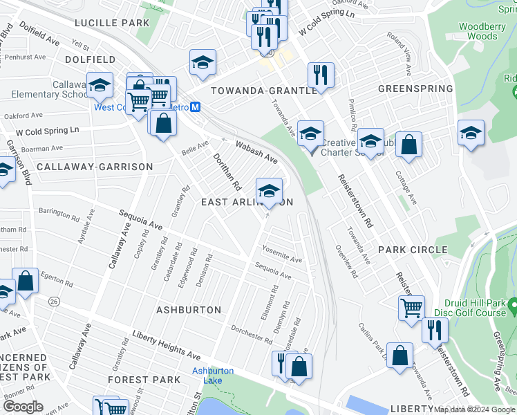 map of restaurants, bars, coffee shops, grocery stores, and more near 4004 Hilton Road in Baltimore