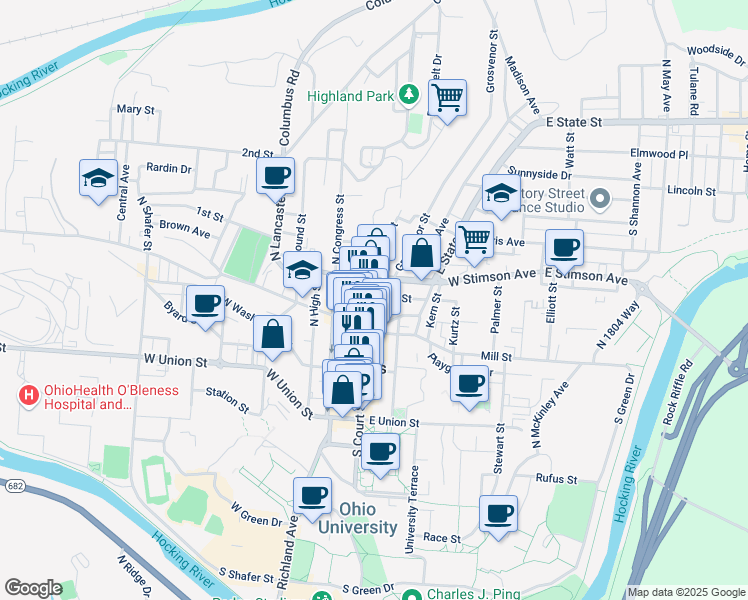 map of restaurants, bars, coffee shops, grocery stores, and more near 50 North Court Street in Athens