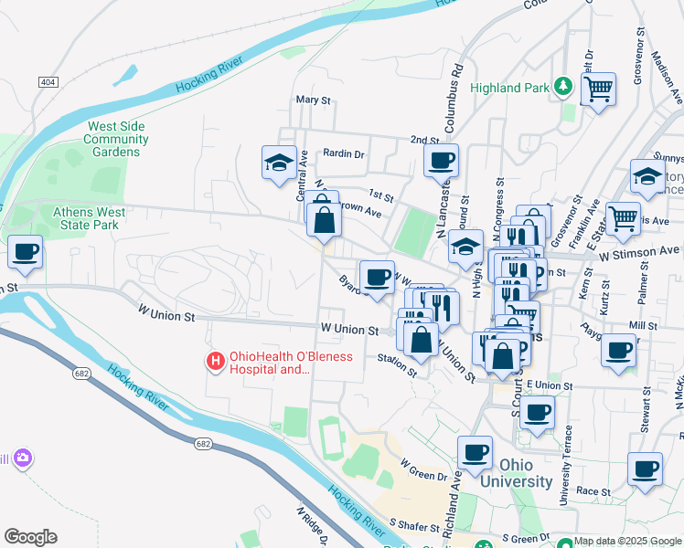 map of restaurants, bars, coffee shops, grocery stores, and more near 20 South Shafer Street in Athens