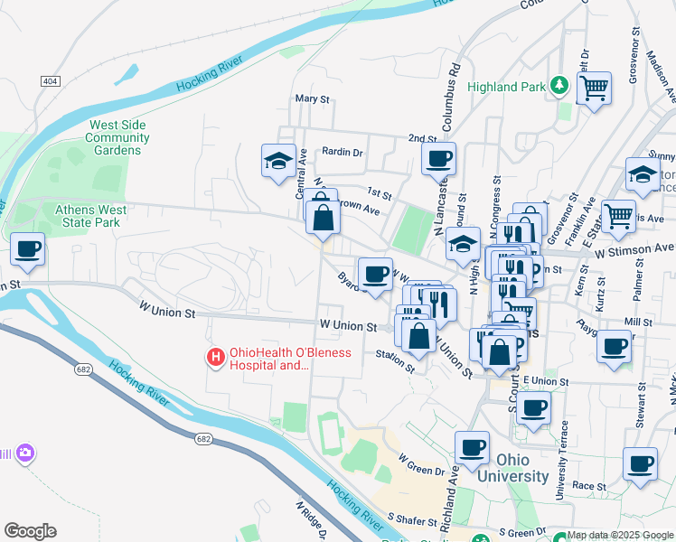 map of restaurants, bars, coffee shops, grocery stores, and more near 20 South Shafer Street in Athens