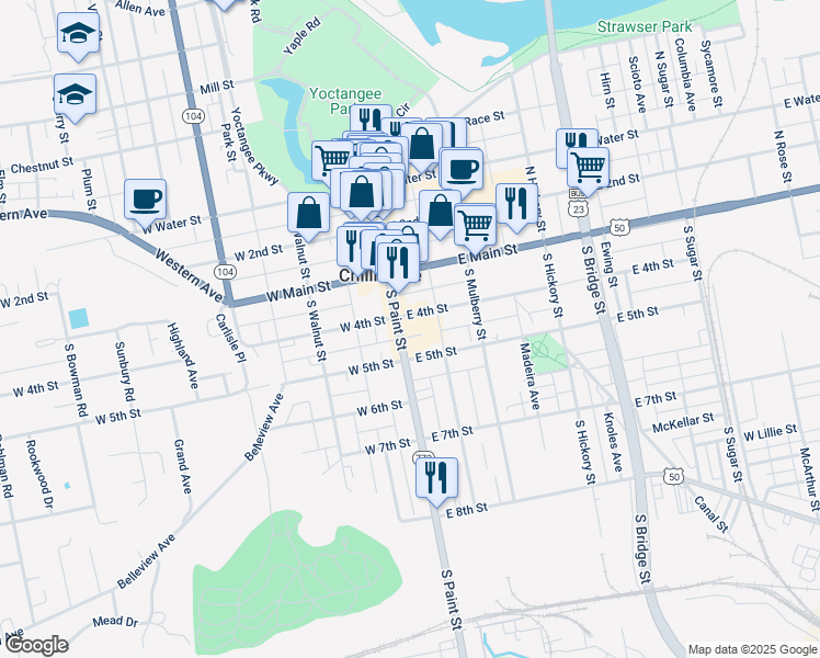 map of restaurants, bars, coffee shops, grocery stores, and more near 67 South Paint Street in Chillicothe