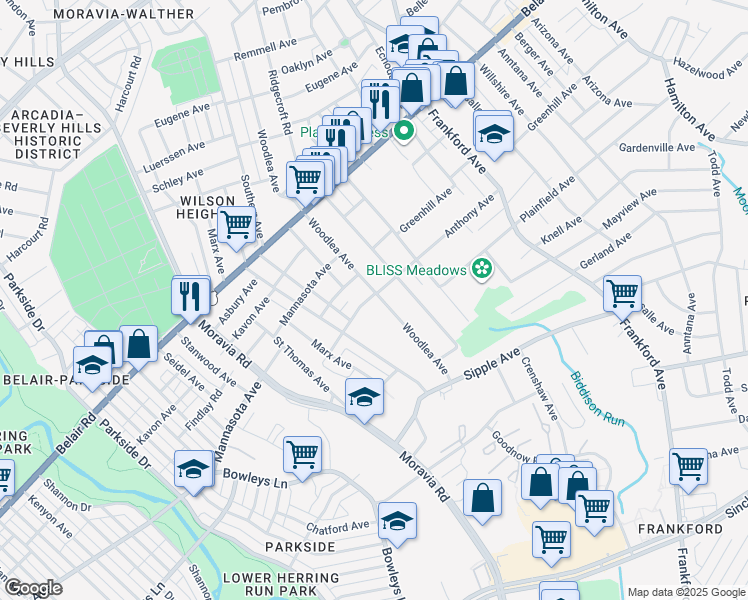 map of restaurants, bars, coffee shops, grocery stores, and more near 4501 Woodlea Avenue in Baltimore