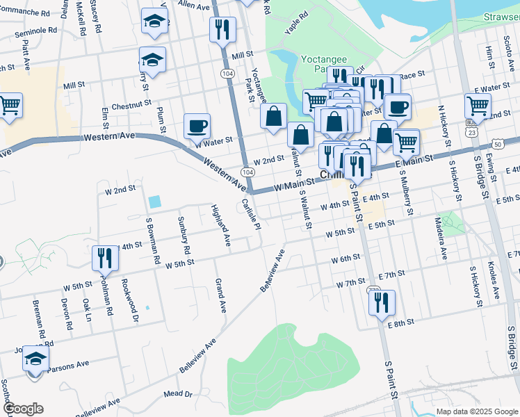 map of restaurants, bars, coffee shops, grocery stores, and more near 27 South High Street in Chillicothe