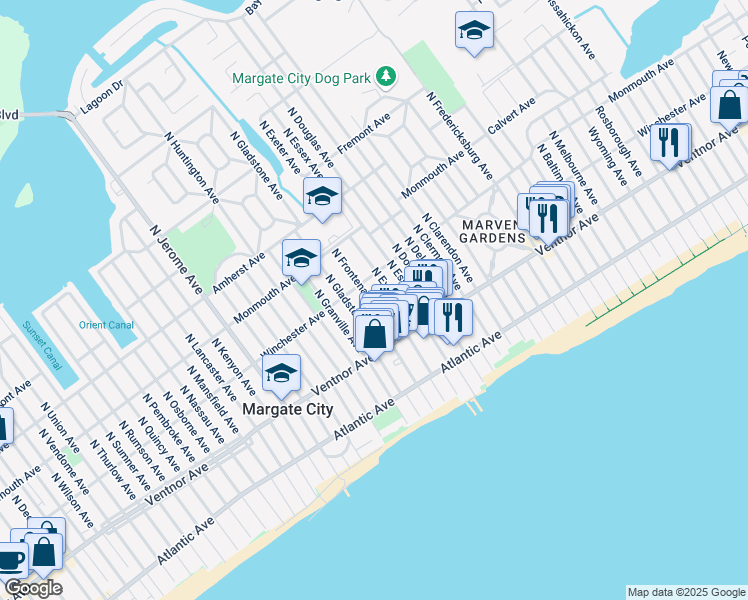 map of restaurants, bars, coffee shops, grocery stores, and more near 31 North Gladstone Avenue in Margate City