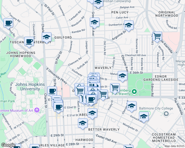 map of restaurants, bars, coffee shops, grocery stores, and more near 3516 Maryland 45 in Baltimore